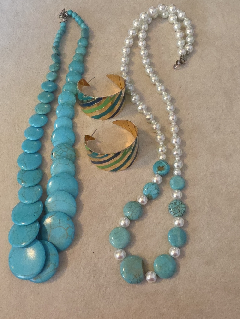 Faux Turquoise & Pearl Bead & Coin Faux Turquoise Necklaces  & Earrings Set NWOT